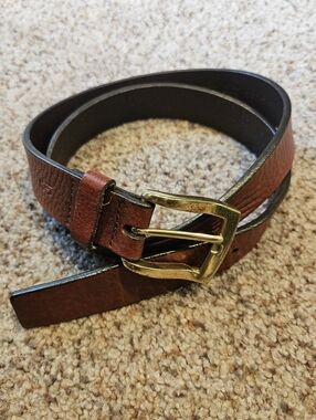 90's Liz Clairborne Brown Leather Thin Belt W/ Gold Hardware & Tappered End, Med